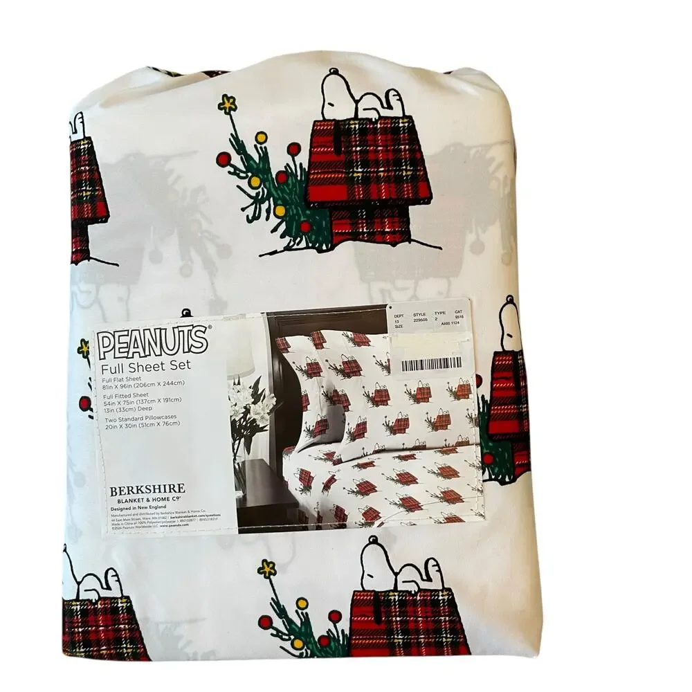 Peanuts Snoopy & Woodstock PLAID Doghouse Christmas Tree FULL Sheet Set New